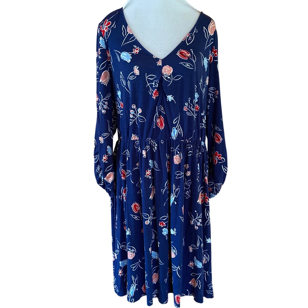 ModCloth Navy Blue Floral V-Neck Fit Flare Midi Dress Long Sleeve Women's 1X